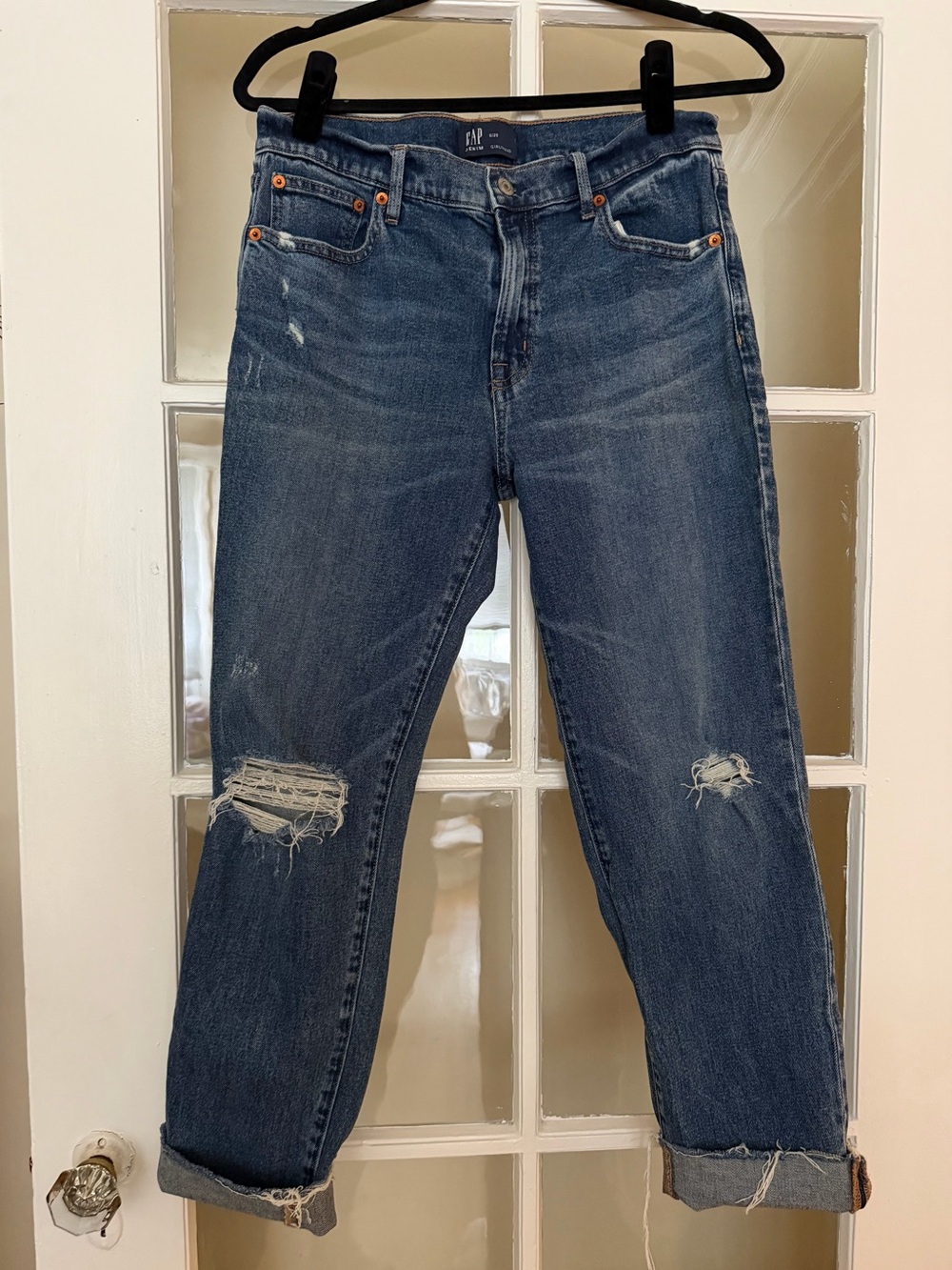 GAP Women's Dark Blue Distressed Boyfriend Jeans